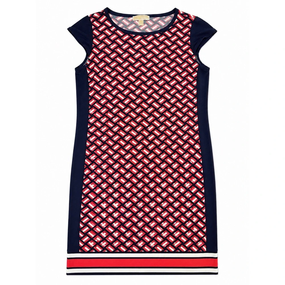 Michael Kors Women's Navy Red Geometric Link Print Cap Sleeve Sheath Dress Large
